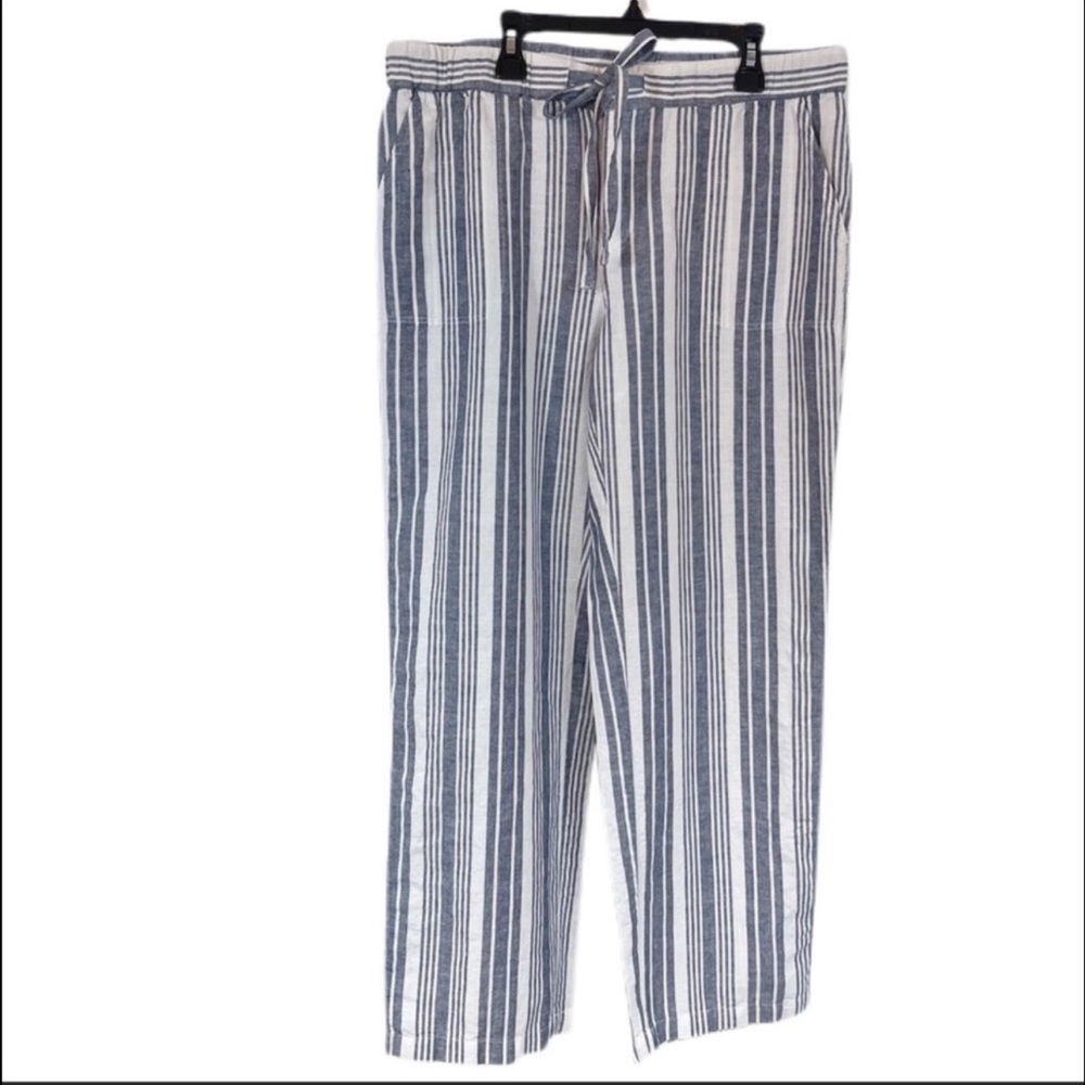 Liz Claiborne Striped Linen Blend Beach Pants M White Navy Drawstring Waist - Picture 1 of 11